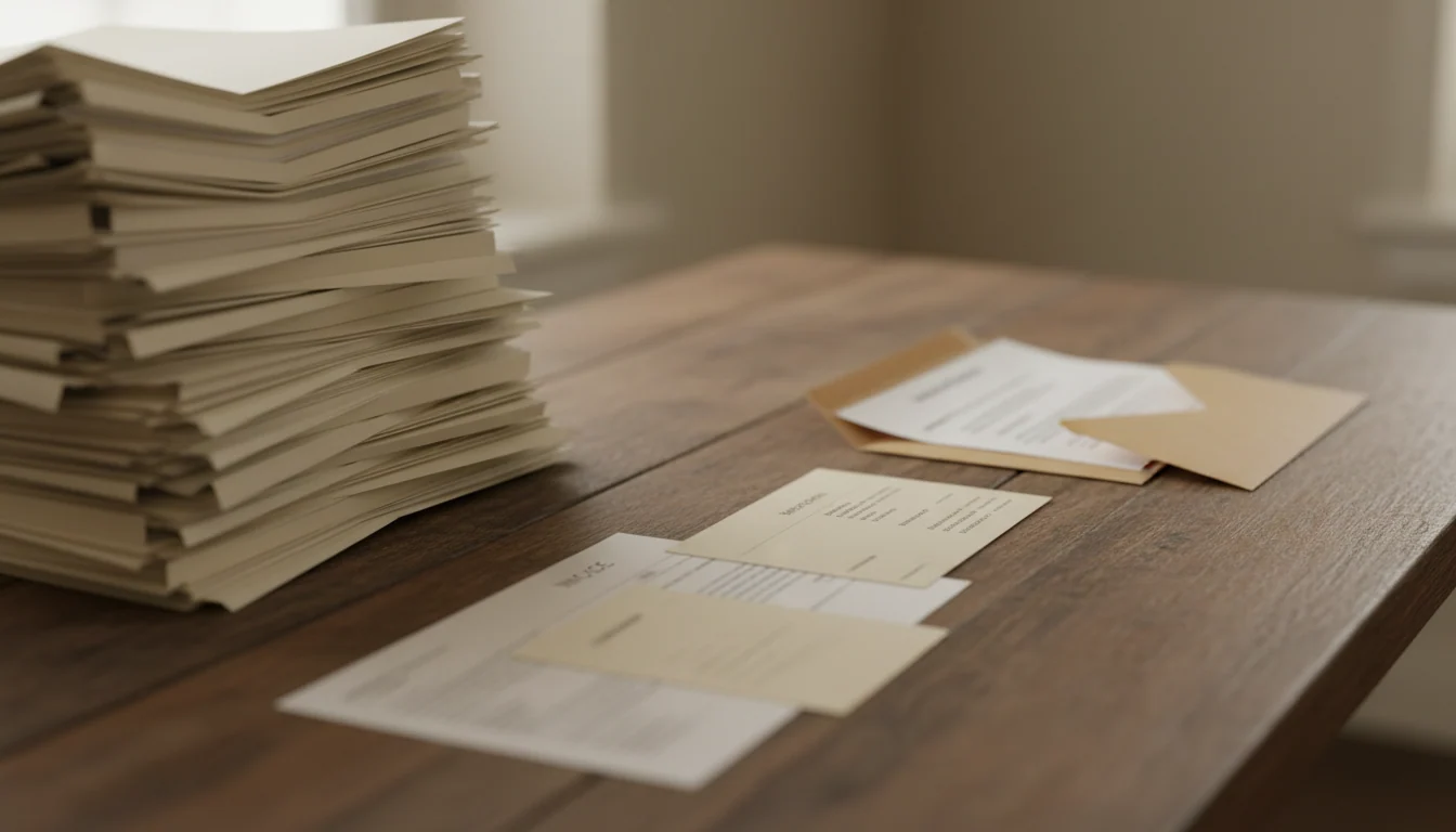 An auditor's desk with a thick loose stack of papers on the left and a small ordered set of invoice, count sheet and an opened envelope with a bank confirmation on the right.