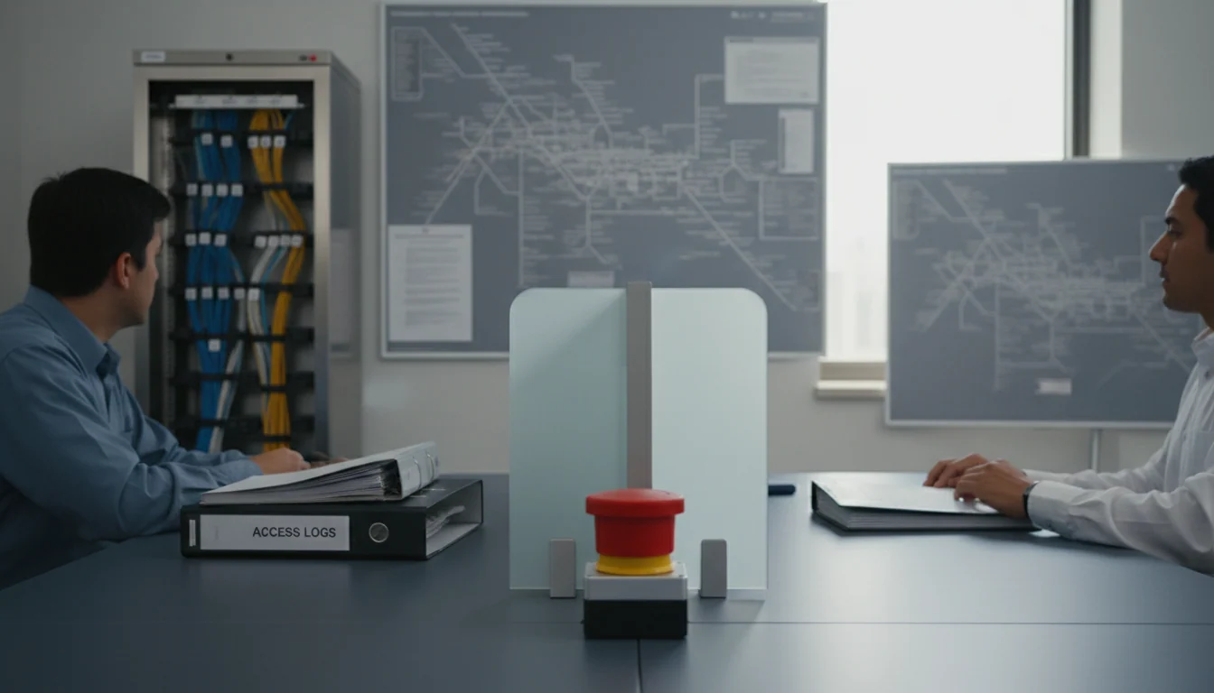 Twee gescheiden werkplekken met printkaarten en logboeken, met één fysieke rode noodstopknop op het bureau ertussen in daglicht.
