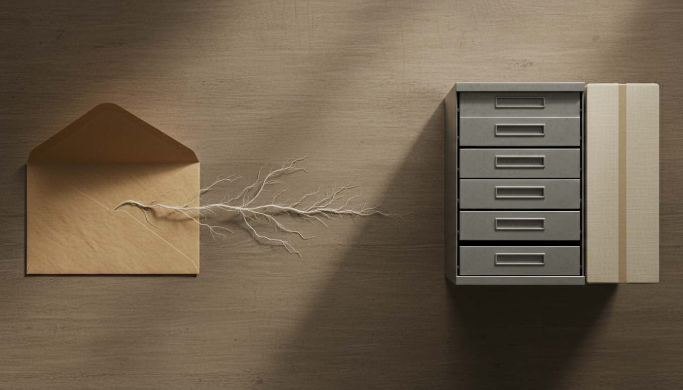 Overhead photo of a desk with an opened envelope from which a thin branching thread runs toward a row of closed filing cabinets.