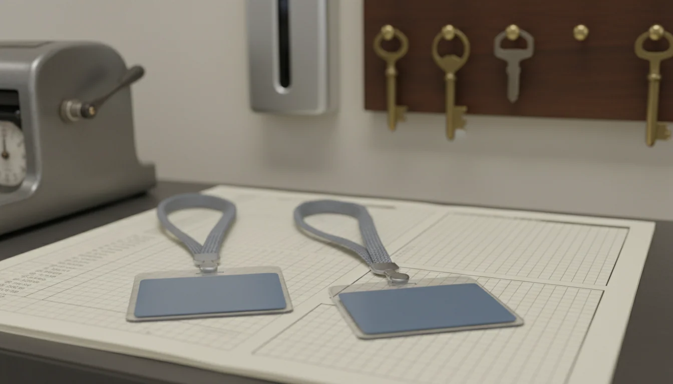Two identical access badges on a counter, one set apart in its own row on a printed access ledger, with a card reader and key board blurred behind.