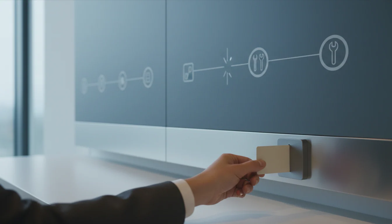 Een hand steekt een keycard in een muurlezer, terwijl wandpanelen een reeks losse gereedschapspictogrammen met verbindingslijnen tonen waarin één onderbreking zit.