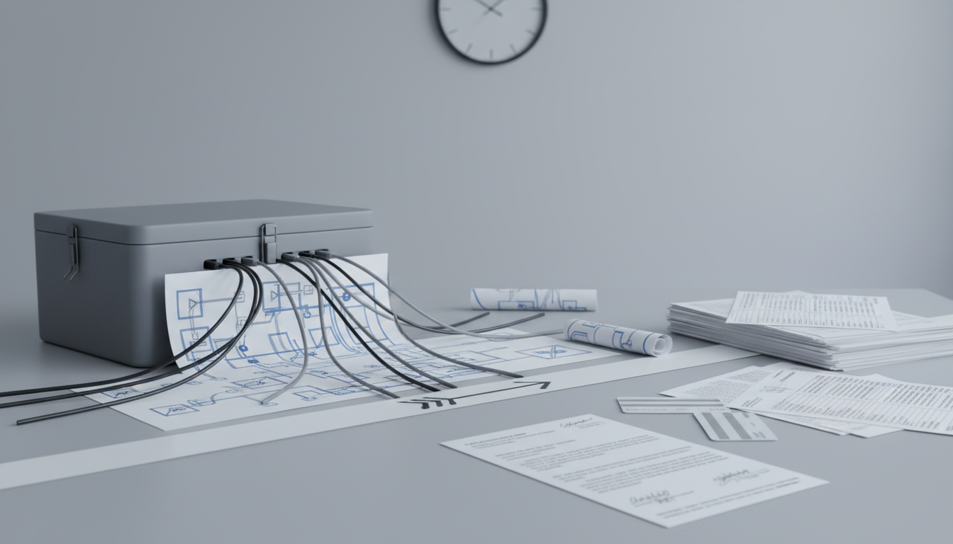 On a desk, a sealed box spills branching cords and network sheets across a marked boundary toward loose logs and access cards.