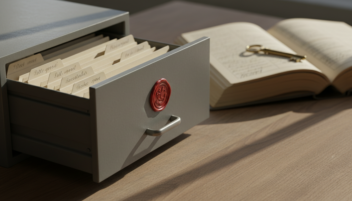 A half-open steel filing drawer with a wax seal releases only three folders, beside an open ledger with handwritten lines and a brass key.