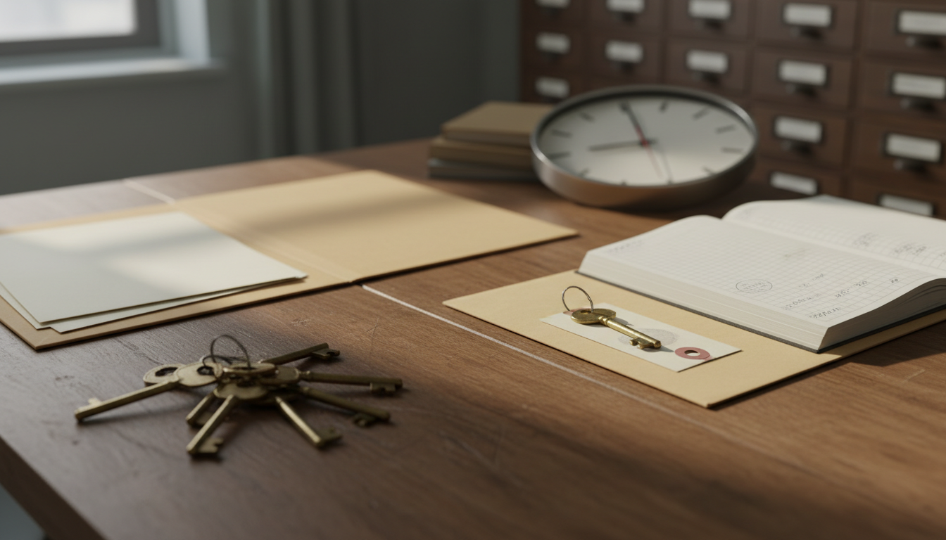 Still-life photo: loose identical keys and an open unmarked folder on the left, and on the right a sharply focused key on a numbered tag on a sealed folder beside a stamped logbook.