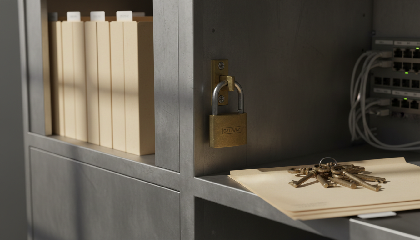 Op een metalen plank staan verzegelde mappen achter een gesloten paneel; ernaast hangt een open hangslot en liggen losse sleutels verspreid.