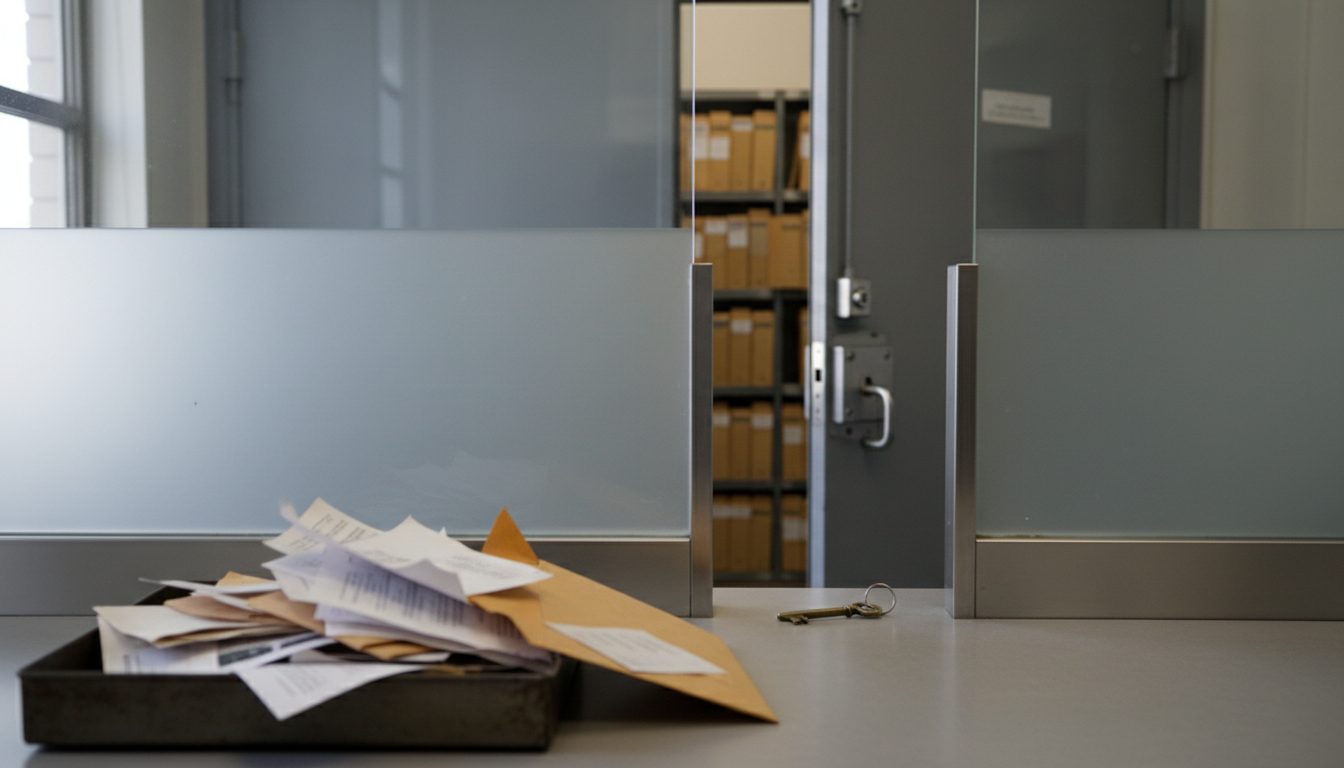 Een open bak met losse papieren voor een lage barrière, met daarachter een stalen deur met slot die verzegelde mappen bewaart en een sleutel bij de doorgang.