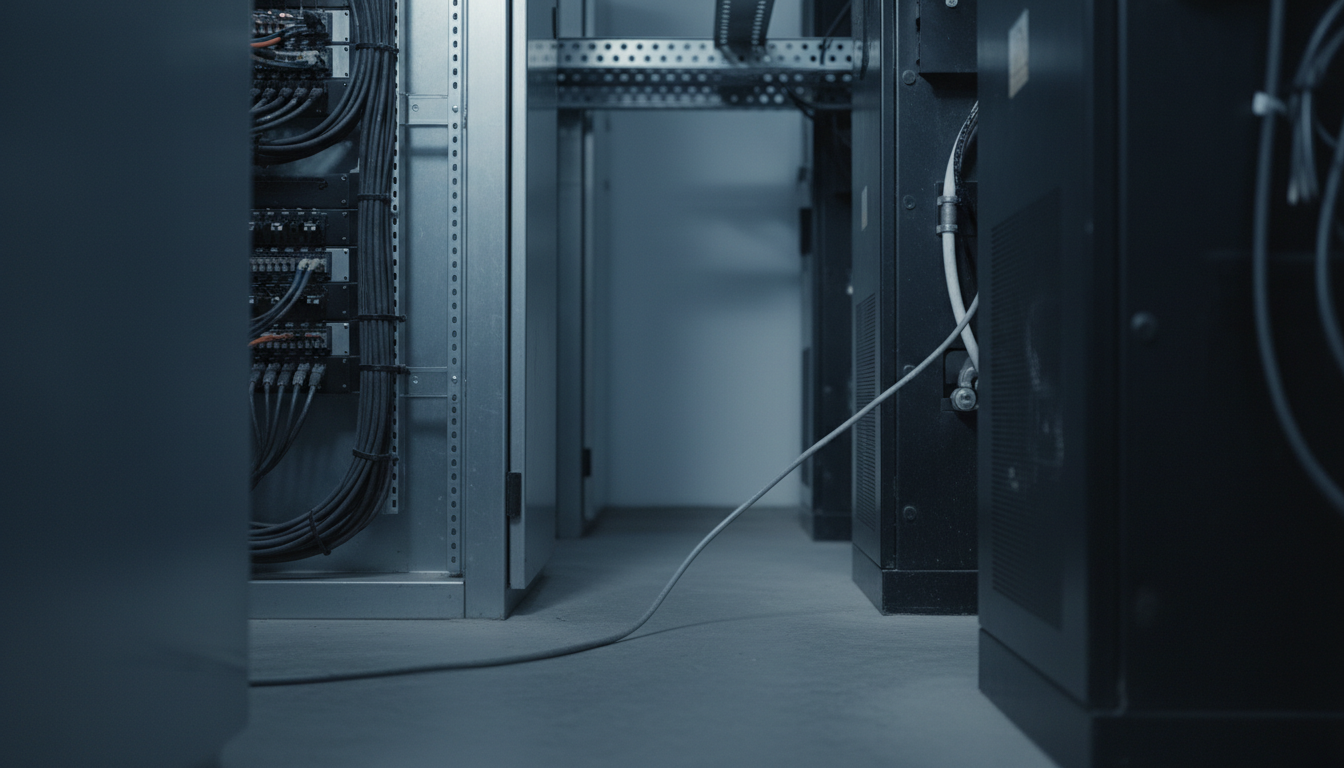 A single loose network cable runs across a dim aisle into an adjacent metal cabinet that does not belong to the tightly bundled system beside it.