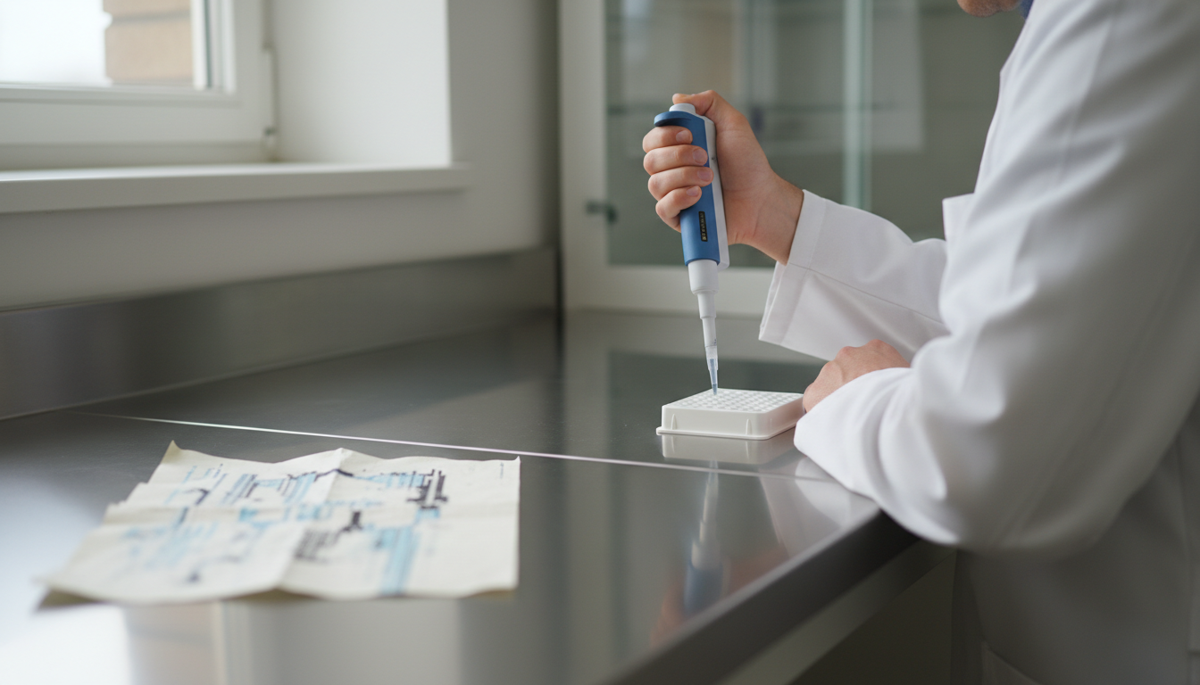 A laboratory bench with a printed list of genomic sequences on the left and a researcher in a lab coat pipetting into a microtiter plate on the right.