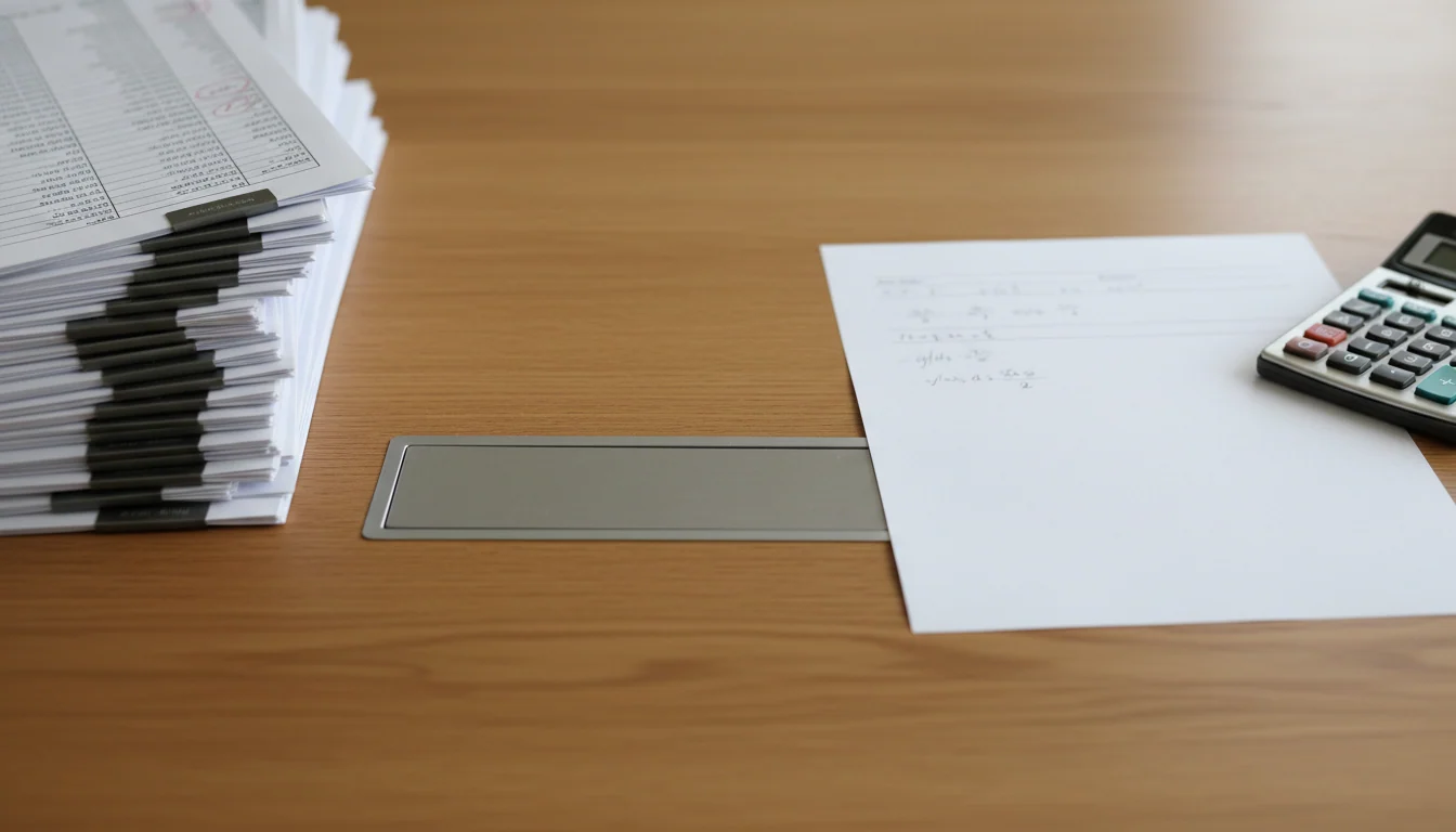 Top-down desk view with a thick red-pencil-marked spreadsheet model on the left and, separated by a divider, a clean verification sheet with a calculator on the right.