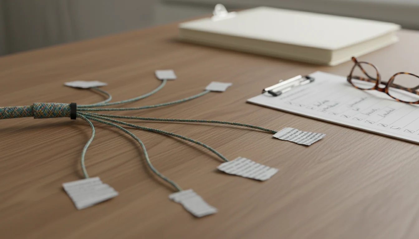 One thick network cable splits into several branches toward scattered paper fragments, beside an ordered checklist and reading glasses on a desk in daylight.
