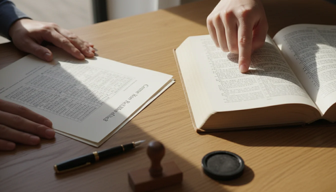 Een hand wijst met een vinger een regel aan in een opengeslagen wetboek naast een geprint vonnis op een houten bureau, met een pen en stempel aan de rand.