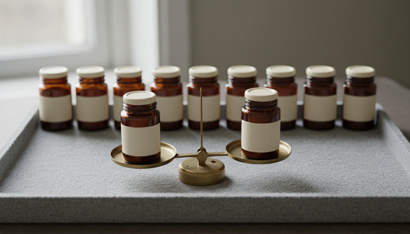 A row of identical sealed glass jars on a felt tray, with two look-alike jars on a brass balance scale resting at unequal heights.