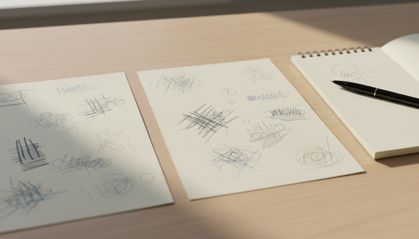 Three identical printed answer sheets lie in a row on a wooden desk, each with different handwritten annotations, beside a pen resting on a notepad.