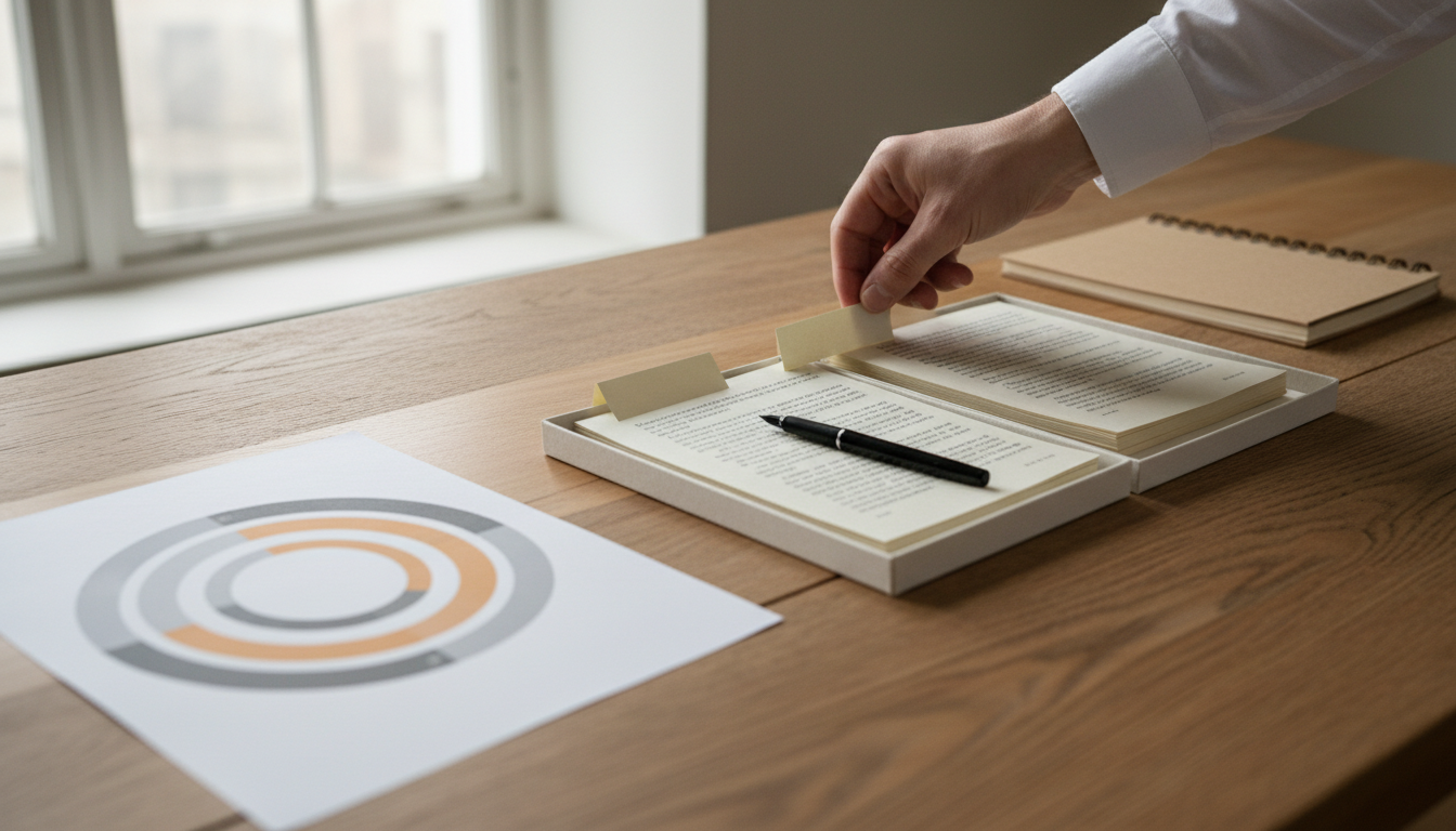 A printed sheet with a circular confidence dial lies apart while a hand places a paper marker tab beside a passage in sorted stacks of documents.
