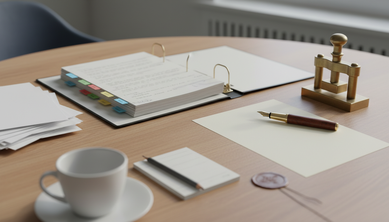 A bright meeting table with a loose stack of pages at left, a tabbed folder with markings in the centre, and a signed sheet with a fountain pen and seal press at right.