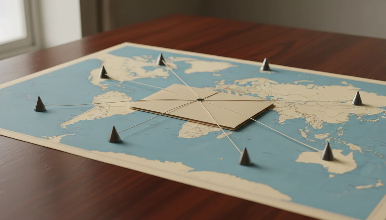 Een kaart van Europa en Noord-Amerika op een houten tafel met vijf genummerde markers op verschillende locaties, elk met een draad naar een centrale map.