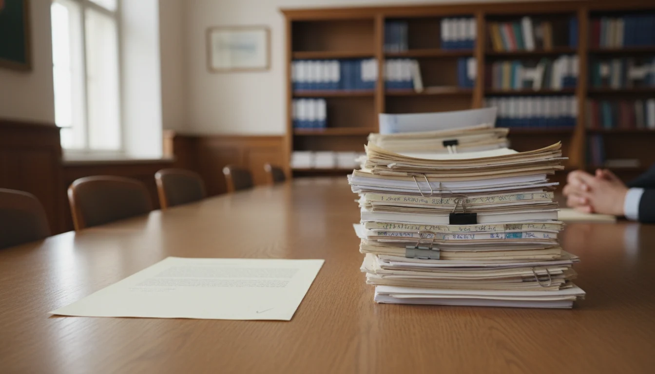 A single printed thesis page lies apart on a wooden table beside a rising stack of annotated draft versions with handwritten notes, in daylight.