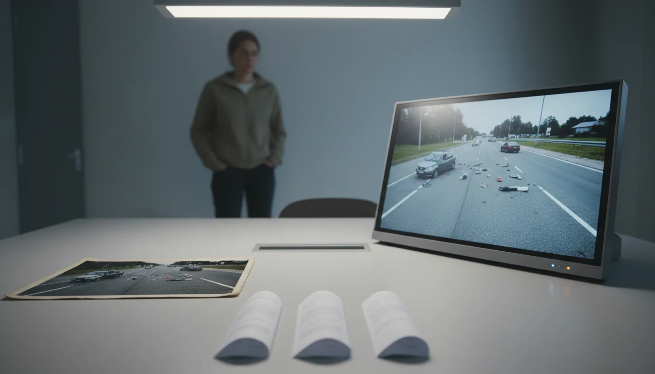 An unedited police photograph on the left of a table beside a screen showing a retouched reconstruction on the right, with a hesitant witness looking on.