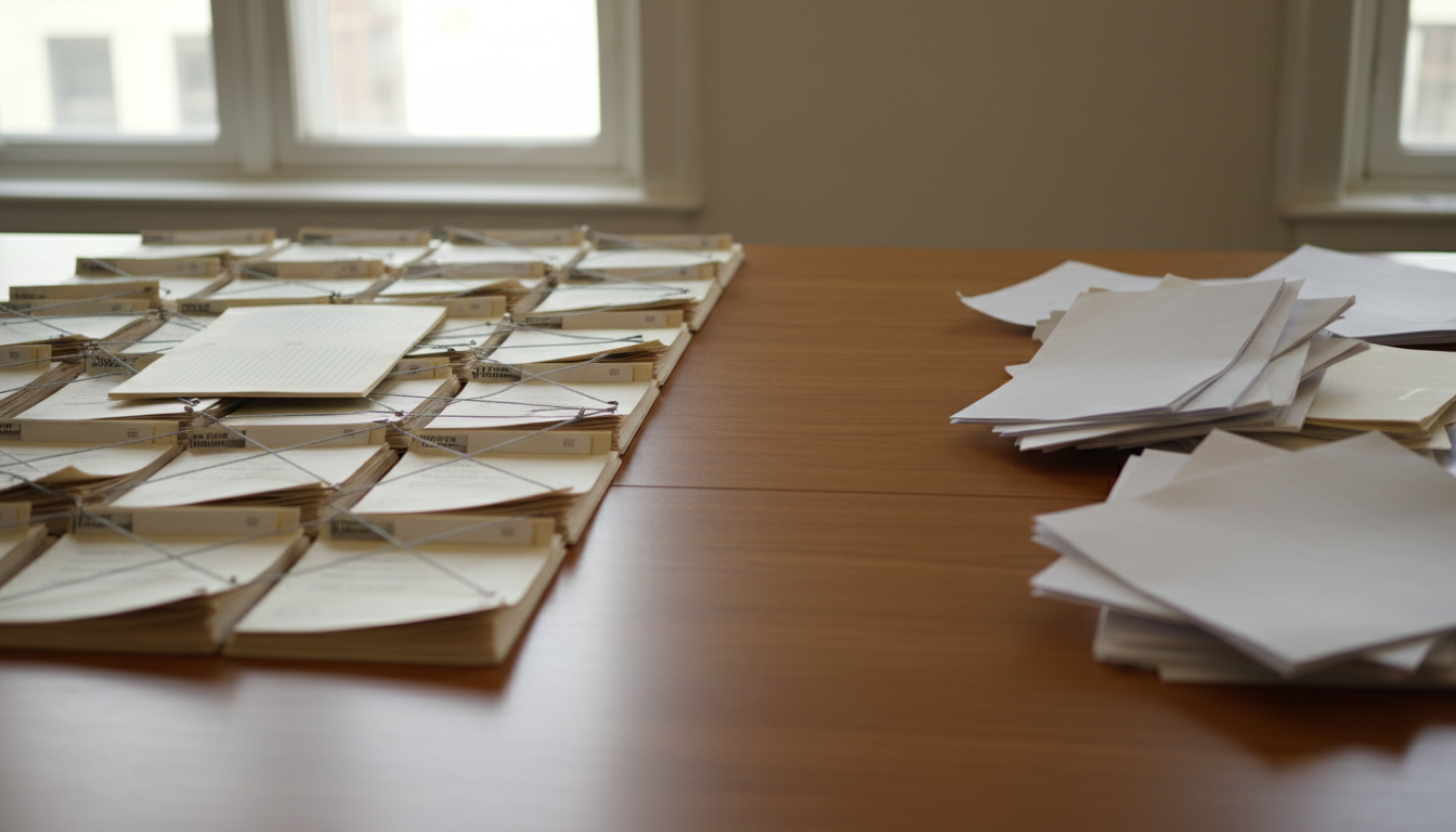 Meeting table in daylight: on the left an orderly grid of files linked by threads, on the right a loose pile of disordered papers, split by an empty stretch of table.