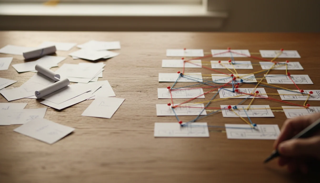 Bovenaanzicht van een bureau met links losse geprinte transcripten en links rechts dezelfde kaarten verbonden met gekleurde draad tot één geordend geheel.