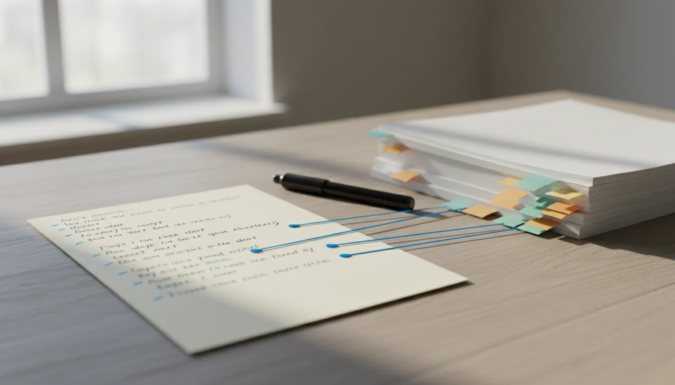 A pen-annotated printed memo lies beside an ordered row of tabbed source documents, with drawn lines linking sentences to specific pages.