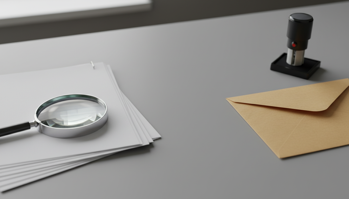 A magnifying glass rests on an open stack of stapled documents, separated by empty desk from a sealed manila envelope and a date stamp.