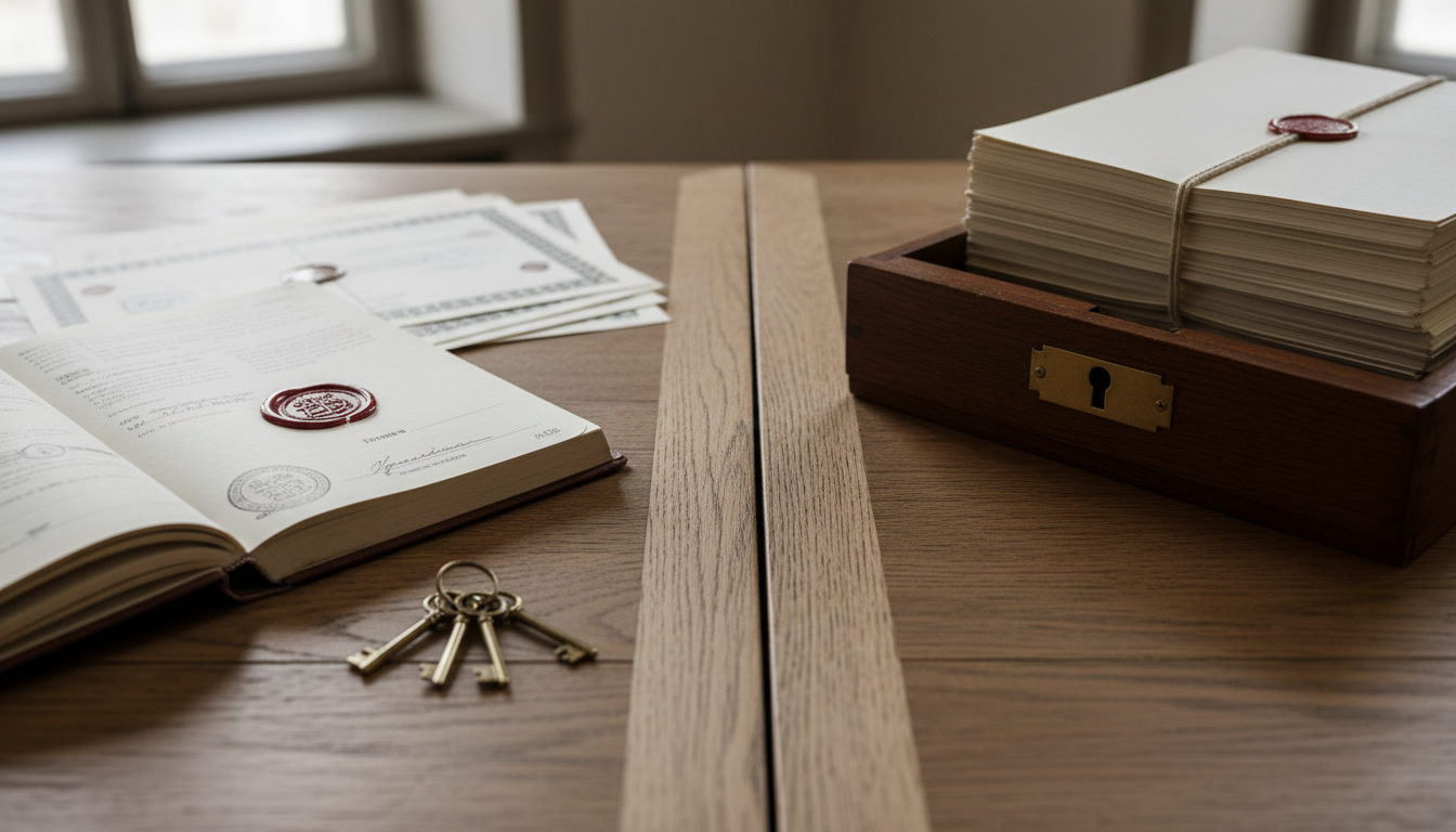 A wooden desk with an open register bearing a wax seal, signature and stamped documents on the left, and unstamped papers sealed inside a locked drawer on the right.