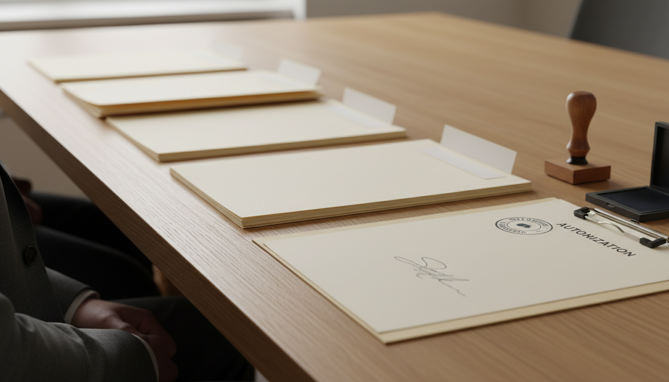 On a wooden meeting table, ordered folders and documents lead to a signed, stamped authorisation sheet with a rubber stamp and inkpad beside it.