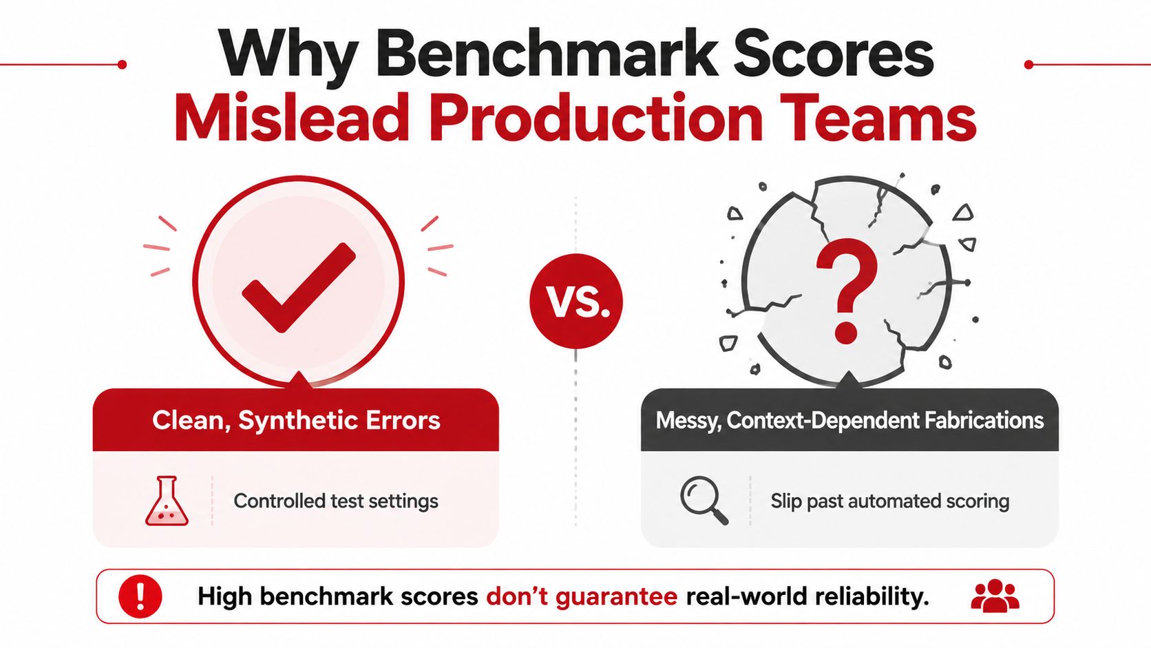 Infographic die AI-benchmarkscores vergelijkt met betrouwbaarheid in de praktijk voor productieteams