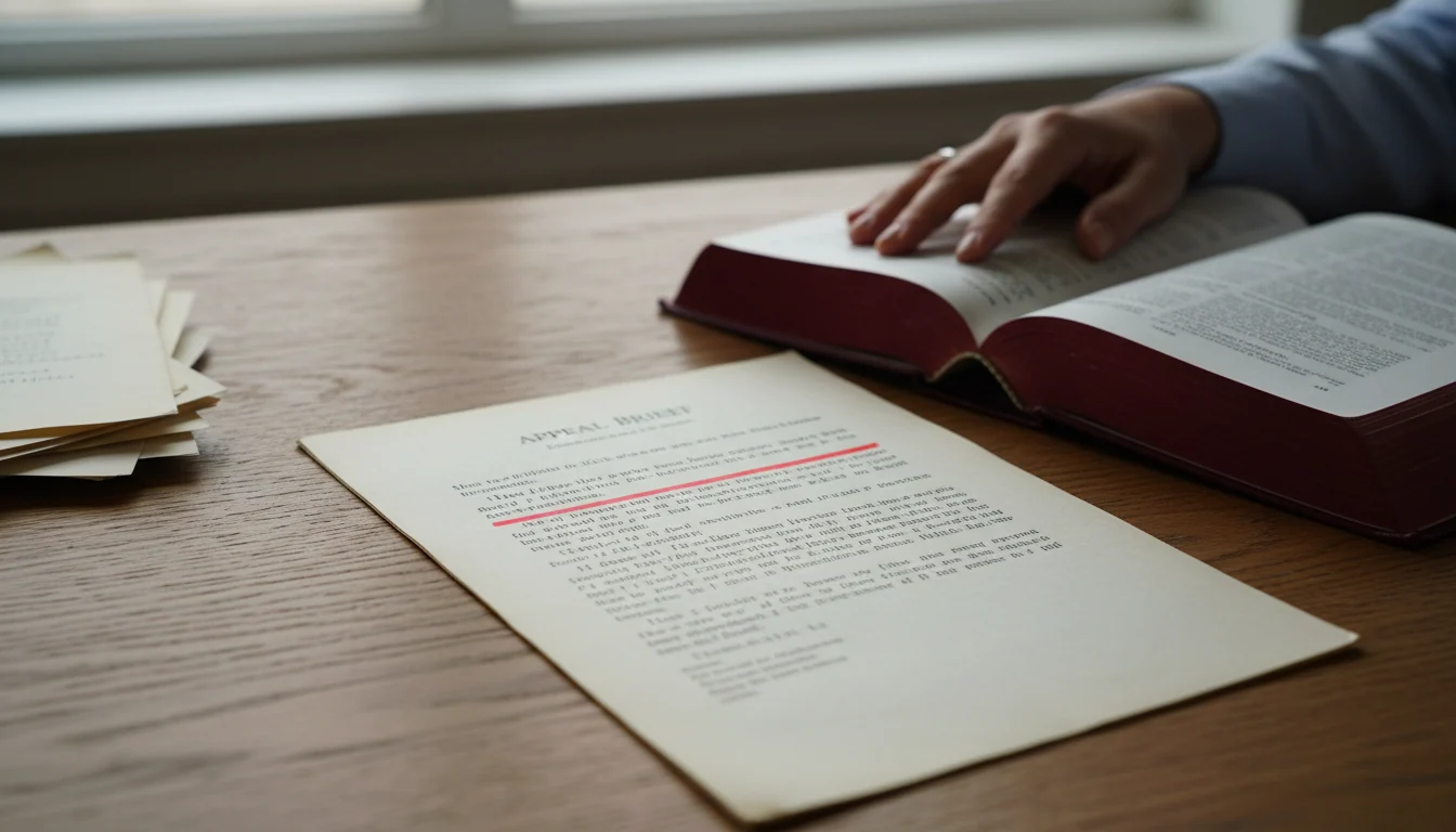 On a wooden desk an opened printed appeal brief with a red-highlighted citation line lies beside an open statute book being checked by hand.