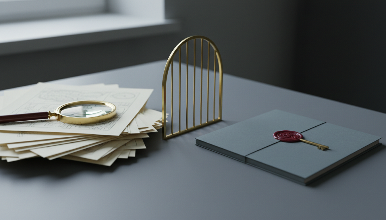 Een rommelige stapel losse vellen met een vergrootglas links, een laag messing hekje in het midden en rechts een verzegelde dossiermap met een sleutel in het slot.