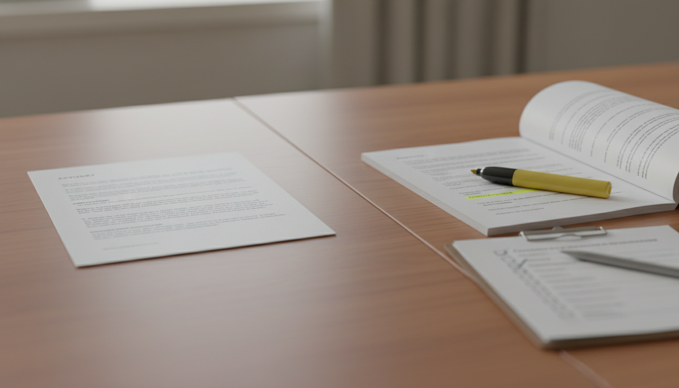 Daylit desk with a single printed advisory page on the left and an opened source document, highlighter and ticked checklist on the right.