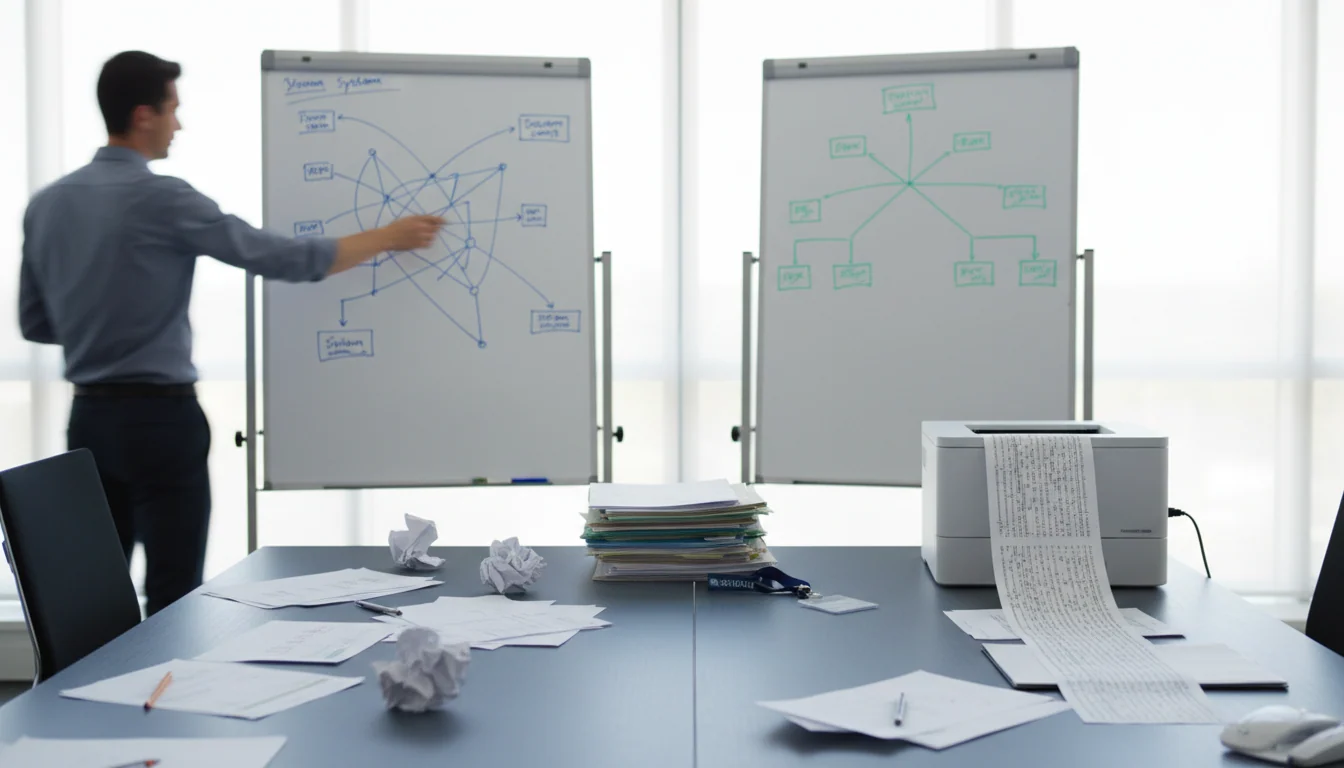Twee losstaande whiteboards naast elkaar met een tussenruimte, een met een netwerkschema en een met een beslisboom, bij een vergadertafel met mappen en een afdrukkende logprinter.