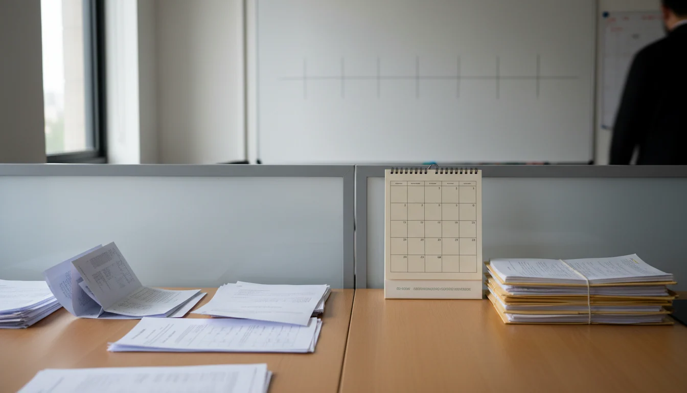 Workspace with printed log files on the left and a calendar with stacked documents on the right, divided by a desk partition, with a whiteboard showing a simple drawn timeline behind.