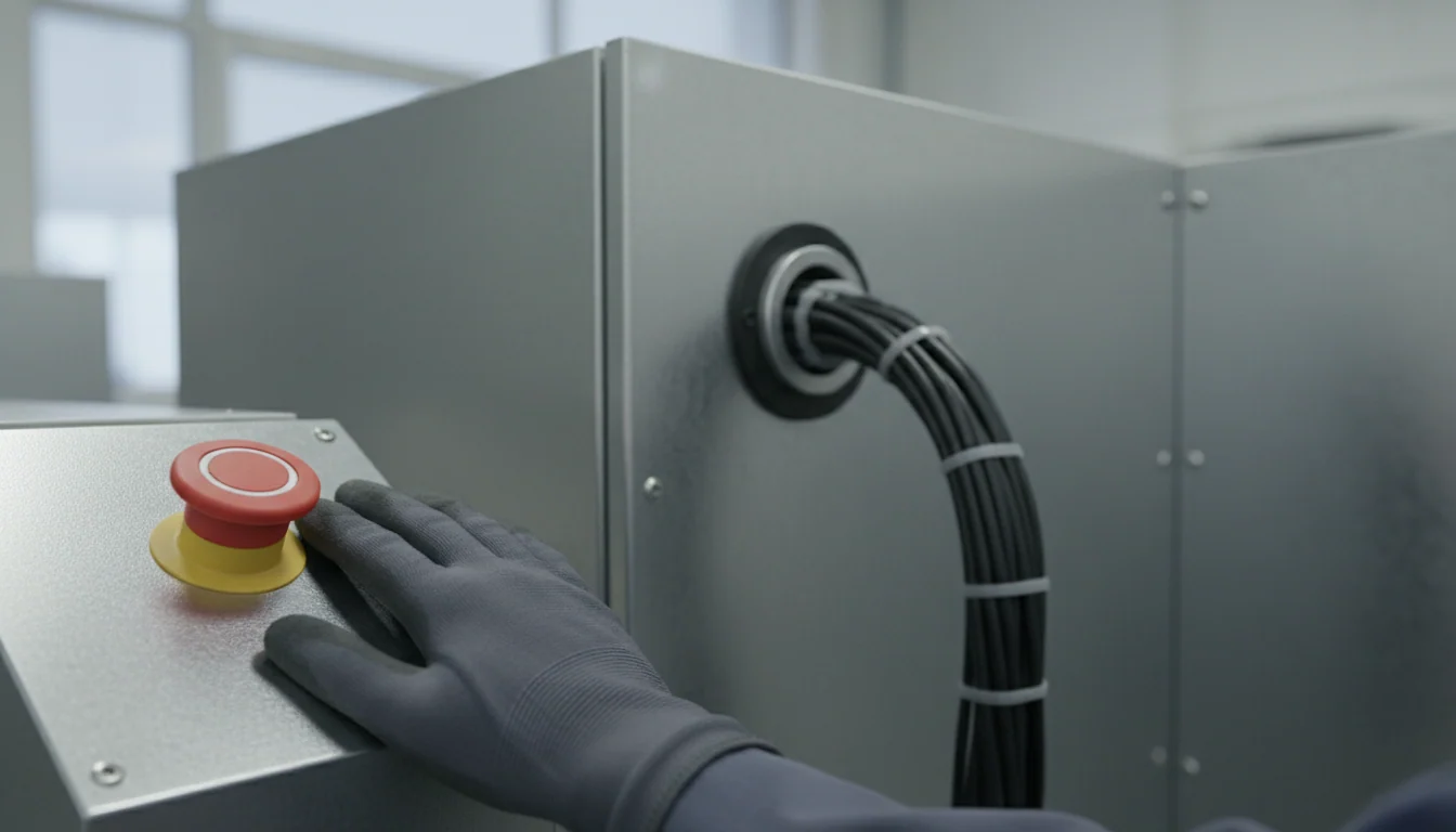 Large red emergency stop button on a metal panel beside a gloved hand, with network cables running through a partition into a shielded enclosure.