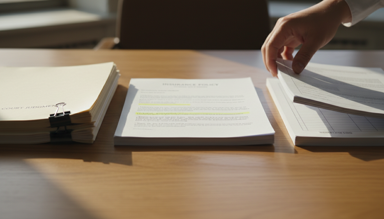 Drie documentstapels naast elkaar op een houten bureau, een hand legt de derde stapel neer, met daglicht van links.