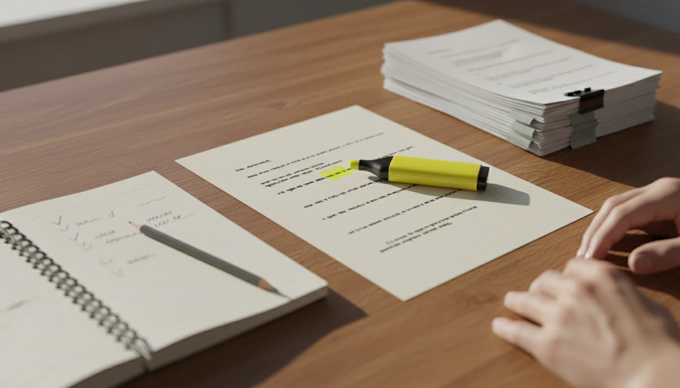 A printed document on a wooden desk with yellow highlighting, a highlighter, a notebook of handwritten notes and stacked dividers separating pages.