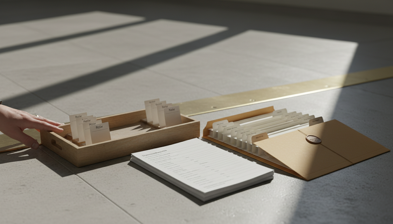 A brass threshold strip divides a stone floor between an empty zone and a wooden tray of signed, role-tabbed documents beside a sealed folder.