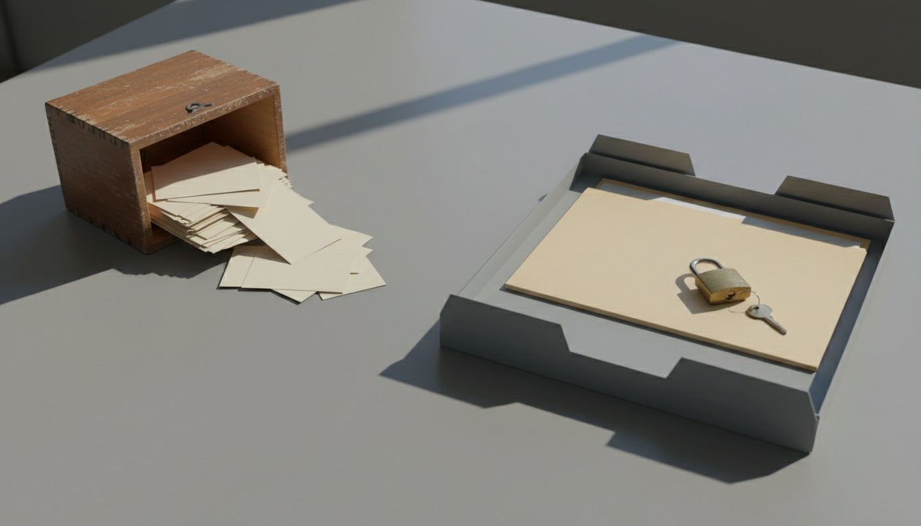 An open wooden card box with scattered cards on the left, separated from a closed manila folder locked with a brass padlock among dividers on the right.