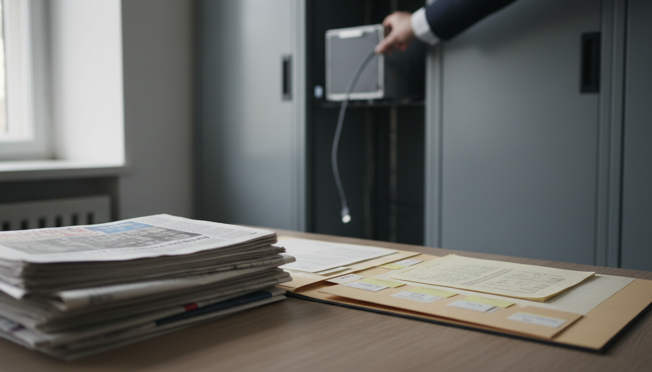A hand pulls a hardware module with a loose cable from a grey cabinet, while open newspapers and an archive folder of documents lie on a wooden table.