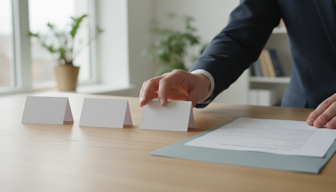 Three blank timeline cards laid in a row on a wooden table, with a separate list of internal training records and a paper folder set apart beside them.