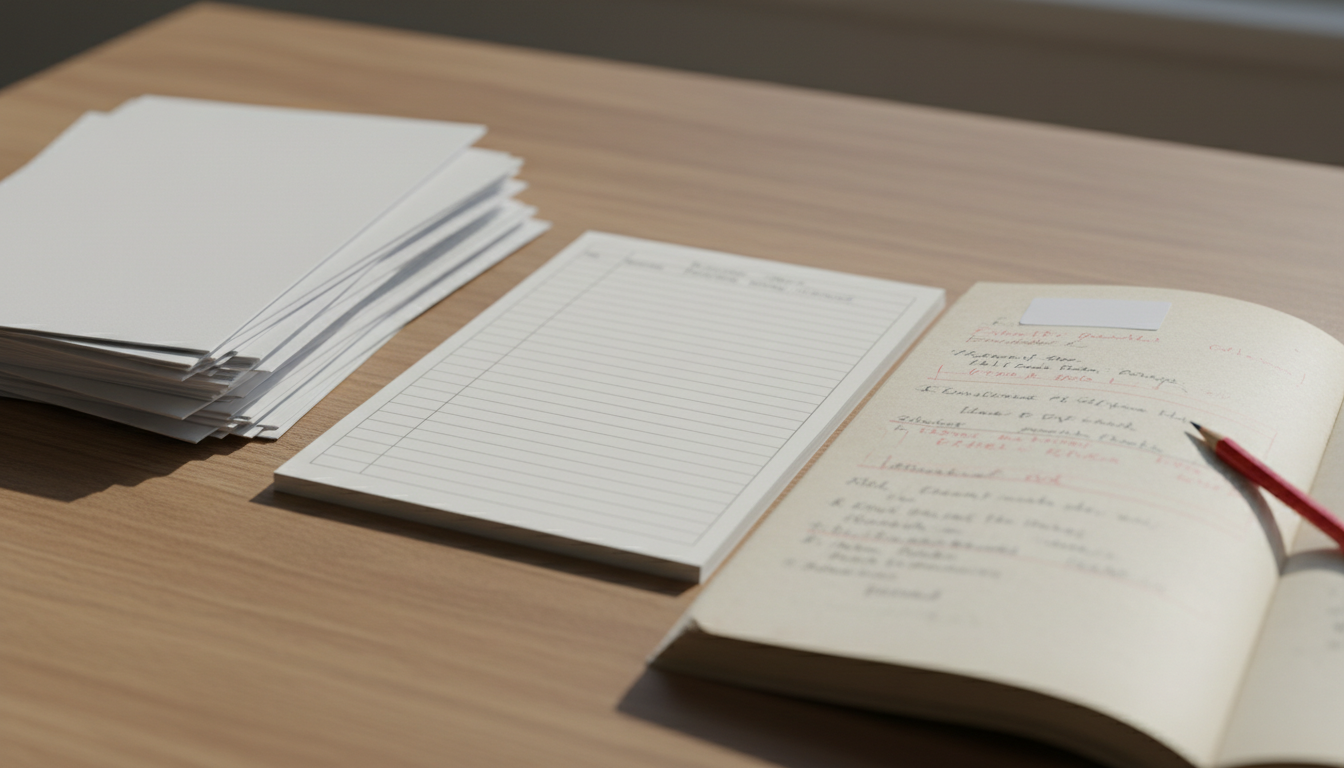 On a wooden desk, an untouched stack of papers on the left and a red-pencil-marked manuscript with a blank label on the right, separated by an open logbook.