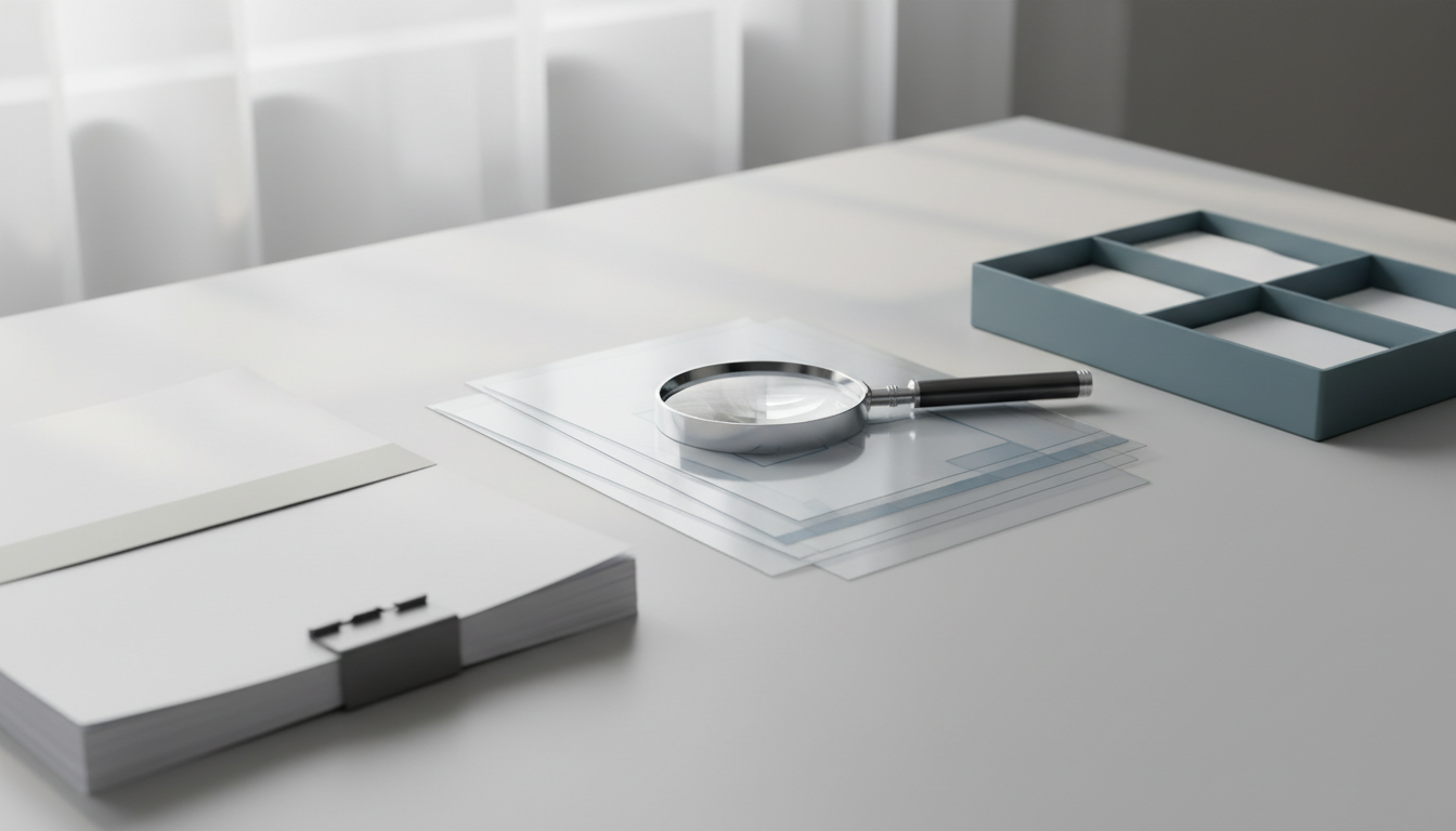 Still life with a bound document, a magnifier over layered transparent sheets and a sorting tray with ordered papers on a grey table.