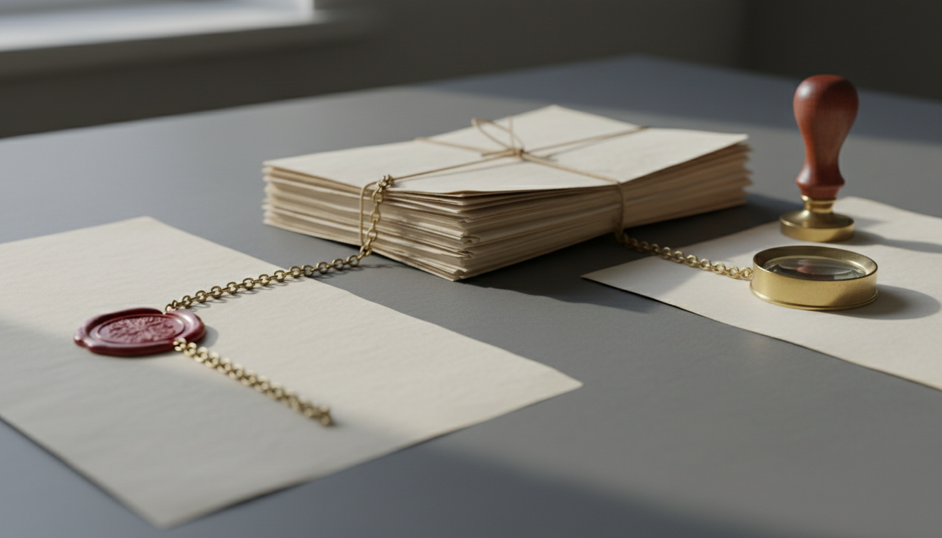 Drie geprinte documenten op een grijze tafel, verbonden door een metalen ketting, met een lakzegel, een gestapeld papieren spoor, een loep en een messing stempel.