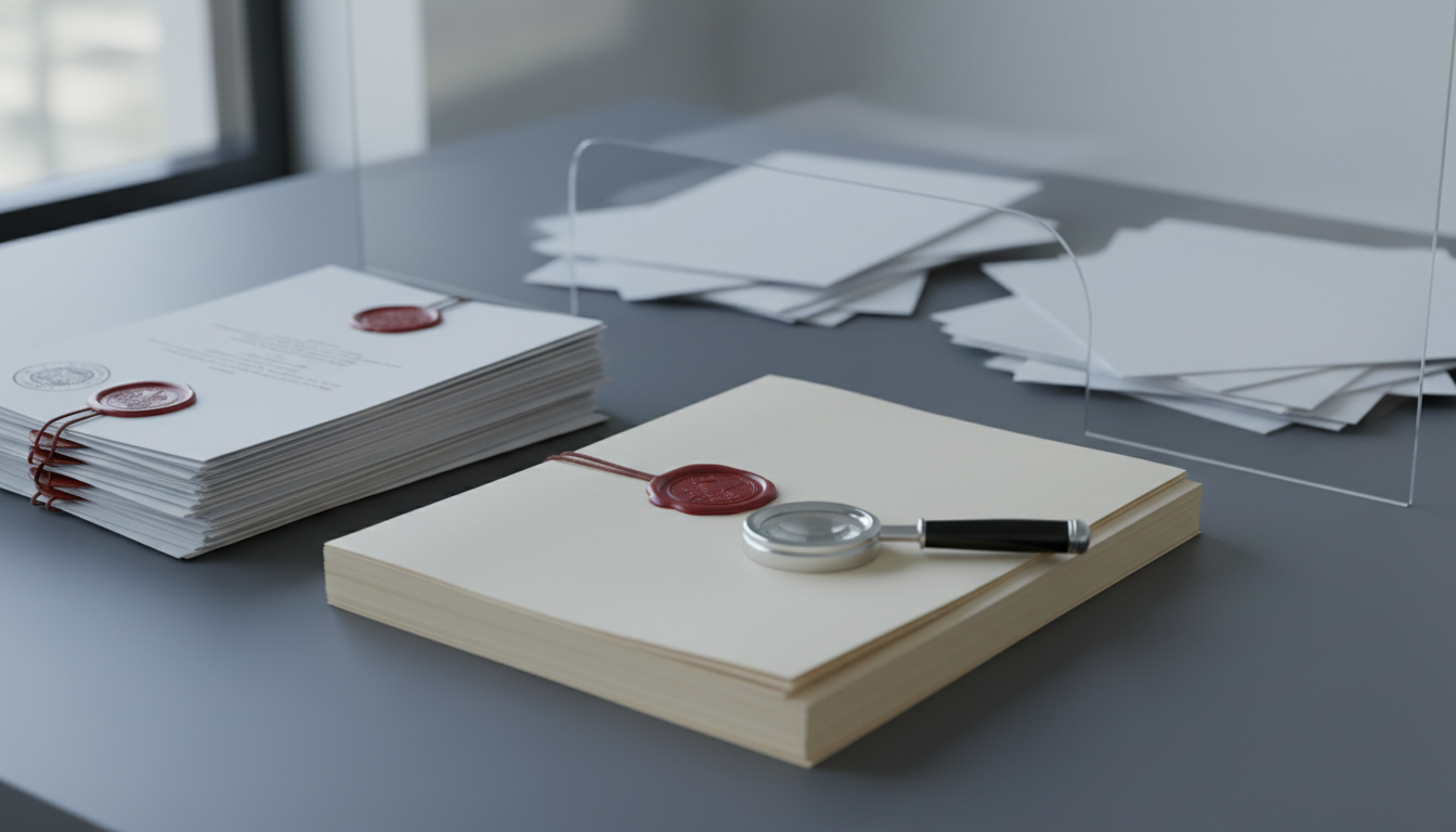 A low divider on a grey table separates stamped dossiers with seals and a sealed folder from a set-aside pile of plain contracts.