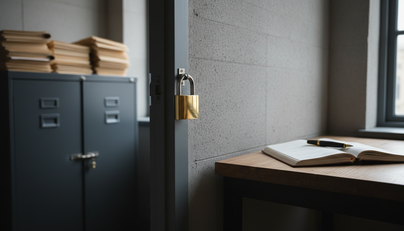 Confidential files in a locked steel cabinet with a brass lock beside an open logbook and pen on a wooden table, divided by a partition wall.
