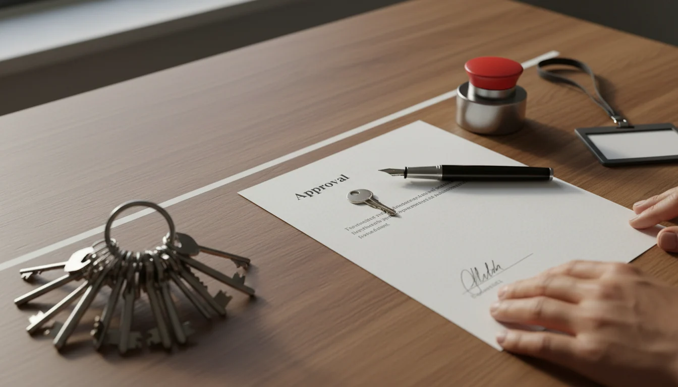 A desk with a large key ring set aside, and on the other side a single small key beside a signed approval form and a red stop button.