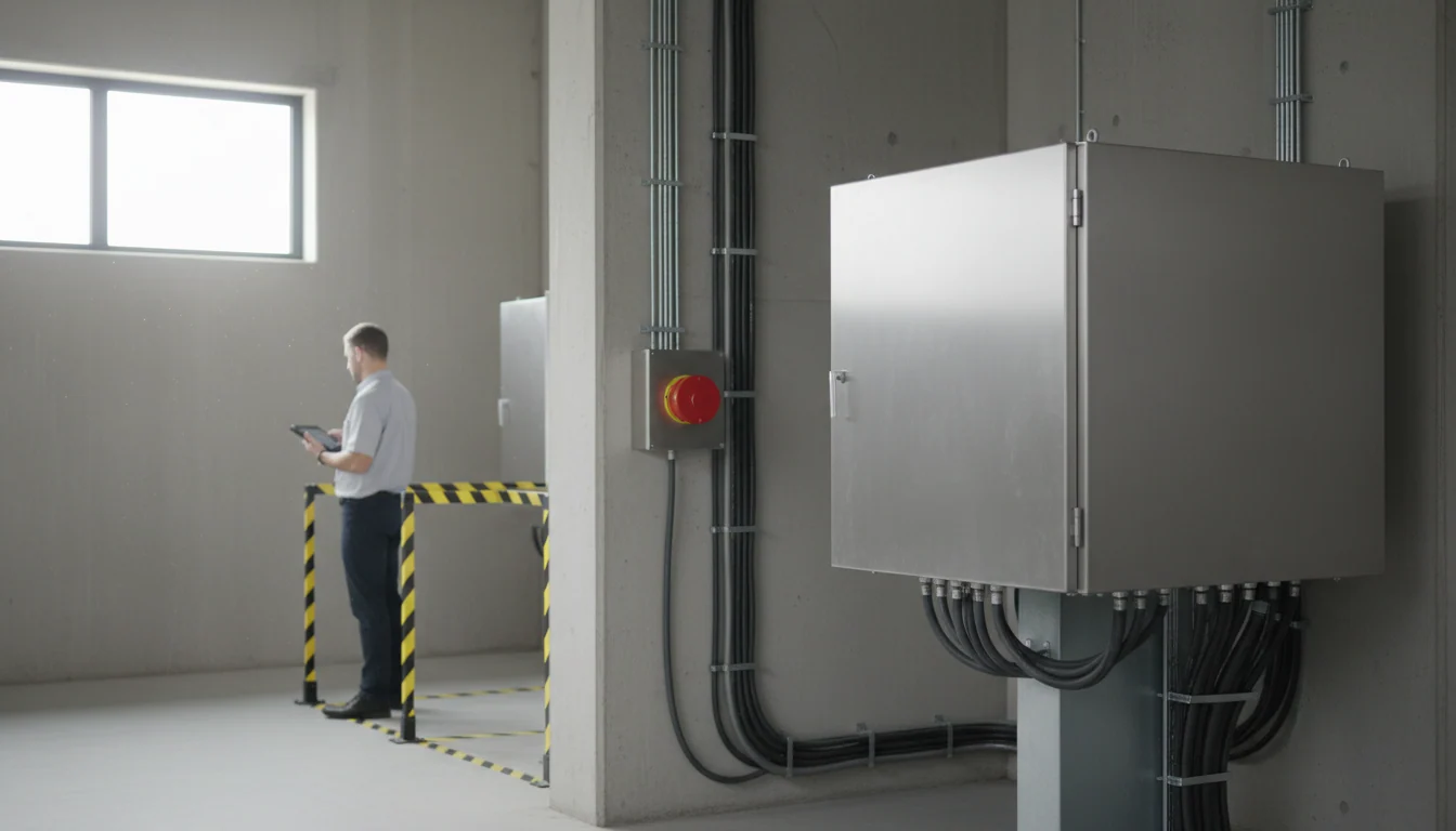 A technical assessor with a tablet stands by a sealed equipment enclosure; a separate red emergency switch sits apart on the wall, with shielded cables running along a conduit.