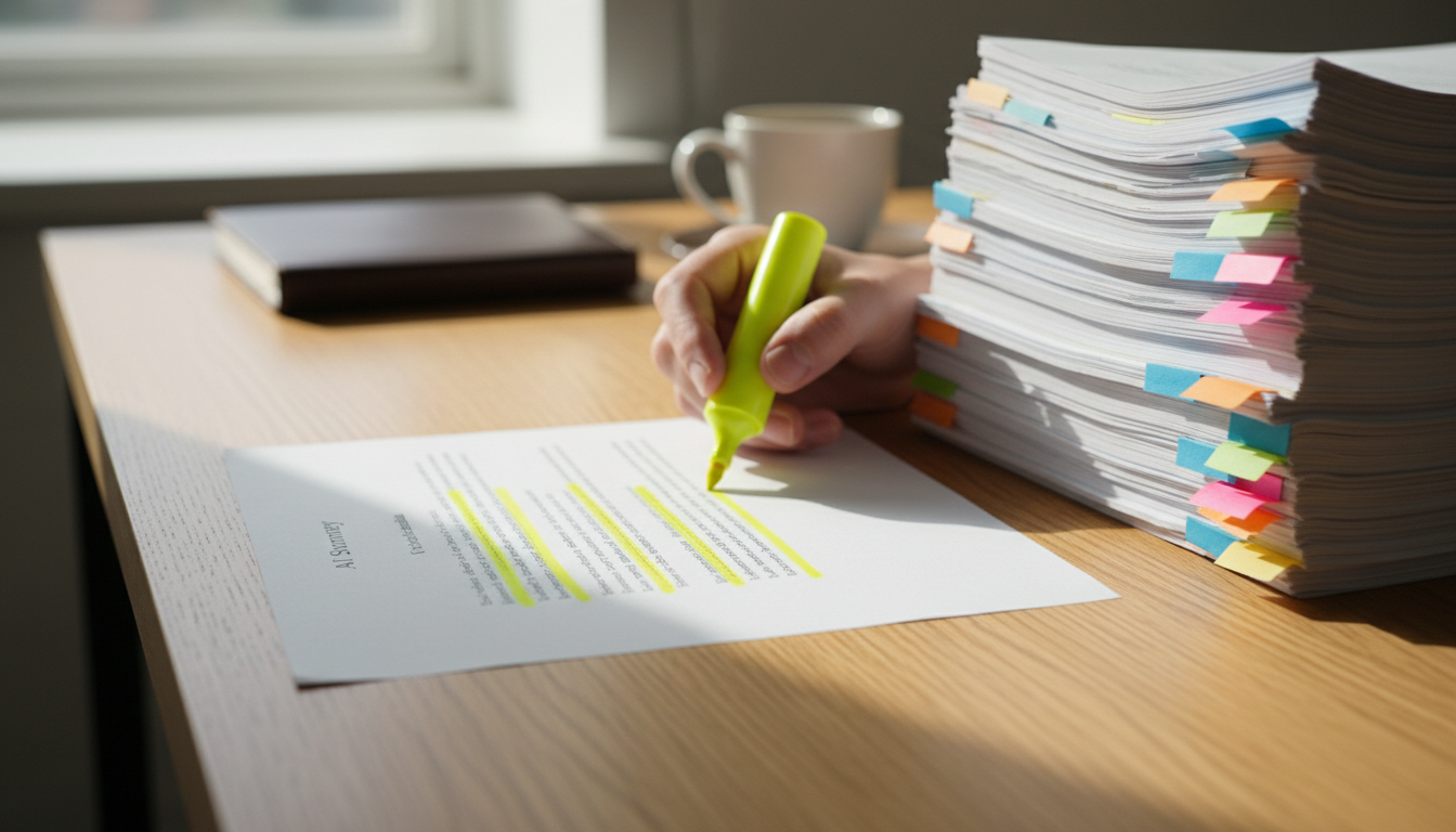 Een dunne geprinte samenvatting met gemarkeerde regels ligt naast een dikke stapel brondocumenten vol gekleurde tabbladen, terwijl een hand met markeerstift ertussen beweegt.