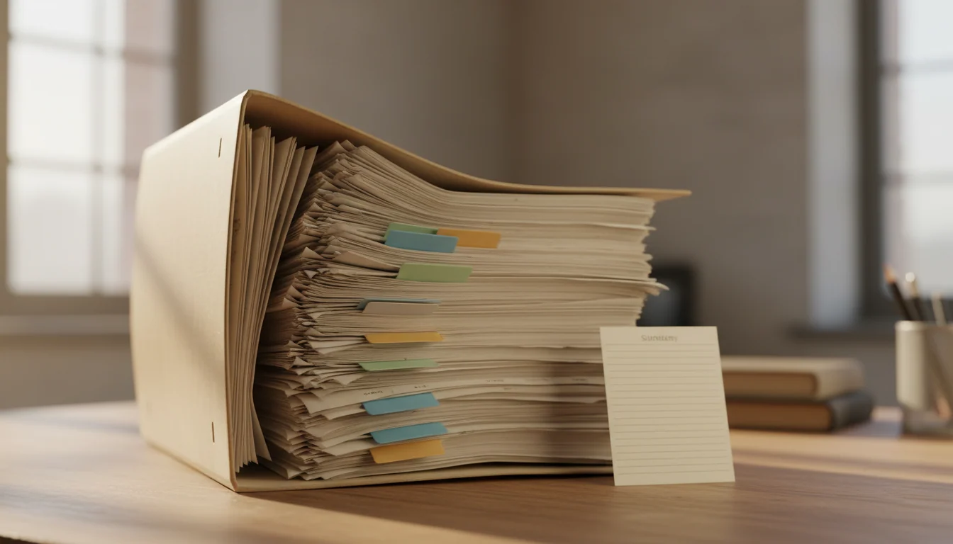 A thick, tab-marked legal file lies open on a wooden desk beside a thin printout of just a few lines of text.